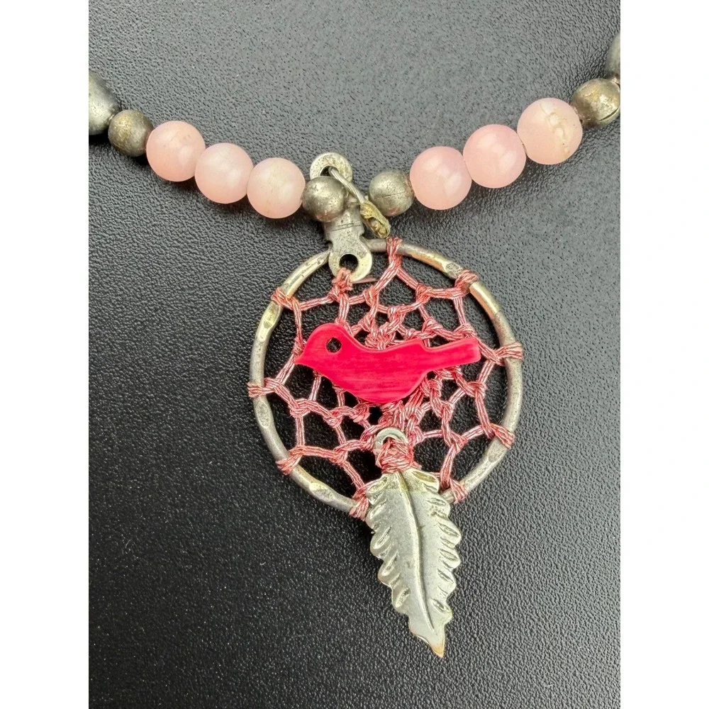 Bird Fetish Dreamcatcher Necklace Pink Silver Tone‎ Vintage READ